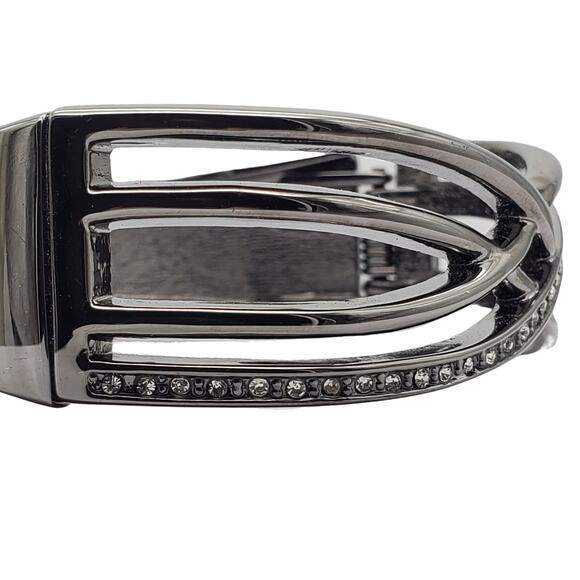Gunmetal Clamper Bracelet Bangle Clear Rhinestone Crystal Hinged Crossover Woven - Picture 4 of 6